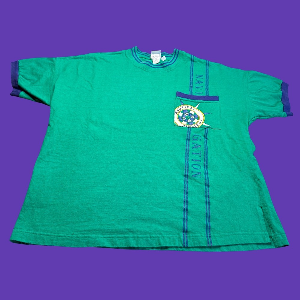 Vintage Catalina Nautical Strategy T Shirt XL Green Blue Pocket Made USA 90s